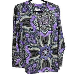 Denim & Co. Printed Split Y Neck Tunic with‎ Flared Sleeves S